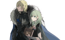 Rule 34 | 1boy, 1girl, absurdres, armor, bad id, bad pixiv id, blonde hair, blue cape, blue eyes, book, breastplate, breasts, byleth (female) (fire emblem), byleth (fire emblem), cape, capelet, closed mouth, dimitri alexandre blaiddyd, eyebrows hidden by hair, fire emblem, fire emblem: three houses, fur-trimmed capelet, fur trim, green eyes, green hair, hair between eyes, highres, holding, holding book, long hair, looking away, nintendo, profile, short sleeves, small breasts, upper body, vambraces, zhibuji loom