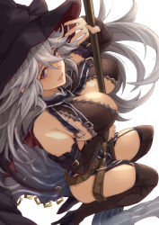 Rule 34 | 1girl, bare shoulders, black dress, black thighhighs, blush, breasts, cleavage, detached sleeves, dress, granblue fantasy, grey hair, hat, highres, large breasts, long hair, looking at viewer, magisa (granblue fantasy), purple eyes, smile, solo, staff, thighhighs, thighs, very long hair, witch hat, yude