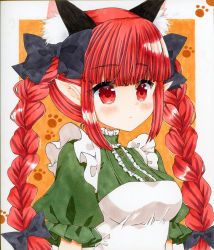 Rule 34 | 1girl, adapted costume, animal ears, black bow, blunt bangs, bow, braid, cat ears, center frills, dress, expressionless, extra ears, frills, green dress, hair bow, highres, kaenbyou rin, long hair, pointy ears, puffy sleeves, red eyes, red hair, shikishi, solo, touhou, traditional media, twin braids, upper body, zenra1112