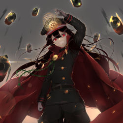 Rule 34 | 1girl, aiming, aiming at viewer, arm up, belt, black hair, black pants, black shirt, cape, cowboy shot, crest, family crest, fate/grand order, fate (series), gloves, grin, gun, hat, koha-ace, long hair, long sleeves, looking at viewer, military, military hat, military uniform, oda nobunaga (fate), oda nobunaga (koha-ace), pants, peaked cap, pointing, pointing at viewer, red eyes, rerubixi, shirt, smile, solo, uniform, weapon, white gloves