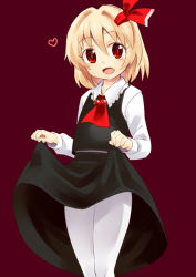 Rule 34 | 1girl, abe ranzu, blonde hair, blush, clothes lift, fang, hair ribbon, heart, looking at viewer, open mouth, pantyhose, red eyes, ribbon, rumia, short hair, simple background, skirt, skirt lift, smile, solo, touhou, white pantyhose