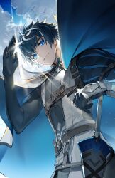 Rule 34 | 1boy, absurdres, black hair, blue eyes, bodysuit, cape, charlemagne (fate), cloud, cloudy sky, fate/grand order, fate (series), highres, joyeuse ordre (fate), looking at viewer, male focus, multicolored hair, outdoors, puff and slash sleeves, puffy sleeves, ruint, sheath, sheathed, short hair, sky, smile, solo, sword, two-tone hair, upper body, weapon, white cape, white hair