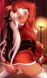 Rule 34 | 1girl, absurdres, alcohol, arm up, ass, black nails, blush, bottle, club, club (weapon), curtains, dark-skinned female, dark skin, fingernails, from behind, hair between eyes, highres, holding, holding weapon, horns, indoors, japanese clothes, kanabou, kimono, long hair, long sleeves, looking at viewer, looking back, m-da s-tarou, mace, nail polish, obi, oni, oni horns, original, panties, pointy ears, purple eyes, red kimono, red oni, sake, sash, sharp fingernails, short kimono, sitting, solo, thighhighs, twintails, underwear, very long hair, weapon, white panties, white thighhighs