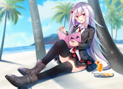 Rule 34 | 1girl, bad id, bad pixiv id, beach, black jacket, black thighhighs, blue sky, book, boots, brown footwear, cloud, cloudy sky, collared shirt, commentary request, cross-laced footwear, day, drinking straw, fingernails, hair between eyes, hair ornament, hairclip, holding, holding book, horizon, jacket, knee up, lace-up boots, long hair, long sleeves, looking at viewer, masayo (gin no ame), multicolored hair, nail polish, necktie, ocean, open book, open clothes, open jacket, original, outdoors, palm tree, plaid, plaid skirt, red eyes, red hair, red nails, red necktie, red skirt, sand, shirt, silver hair, sitting, skirt, sky, solo, streaked hair, thighhighs, tray, tree, tropical drink, very long hair, water, white shirt