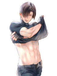 Rule 34 | 1boy, black gloves, brown hair, clothes lift, denim, gloves, hair over one eye, half gloves, highres, jeans, katou teppei, leon s. kennedy, male focus, pants, resident evil, resident evil 4, shirt lift, simple background, solo, unzipped, white background, white theme