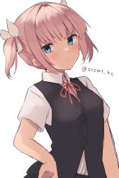 Rule 34 | alternate hairstyle, black vest, blue eyes, dress shirt, highres, kantai collection, neck ribbon, one-hour drawing challenge, pink hair, red ribbon, ribbon, school uniform, shiranui (kancolle), shirasumato, shirt, short hair, short sleeves, simple background, twintails, twitter username, upper body, vest, white background, white ribbon, white shirt