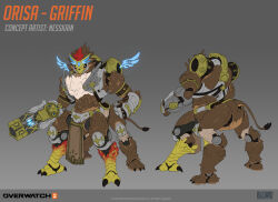 Rule 34 | 1girl, 2023, artist name, bird legs, bird wings, character name, clenched hand, commentary, copyright name, english commentary, grey background, griffin, highres, logo, nesskain, official alternate costume, omnic, orisa (overwatch), overwatch, overwatch 2, robot, simple background, solo, tail, weapon, wings