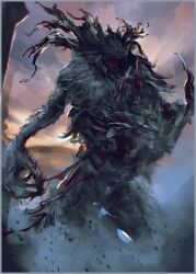 Rule 34 | antlers, bloodborne, border, cleric beast, graffitigw, grey border, grey fur, highres, horns, monster, open mouth, outdoors, sharp teeth, solo, standing, sunset, teeth