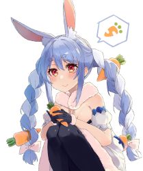 Rule 34 | 1girl, animal ear fluff, animal ears, black gloves, black pantyhose, blue hair, bow, braid, carrot, carrot hair ornament, coat, food-themed hair ornament, gloves, hair between eyes, hair bow, hair ornament, highres, hololive, long hair, multicolored hair, nuko miruku, pantyhose, rabbit ears, rabbit girl, scarf, simple background, smile, solo, squatting, thick eyebrows, twin braids, usada pekora, usada pekora (1st costume), virtual youtuber, white background, white coat, white hair, yellow eyes