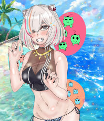 Rule 34 | 1girl, animal ears, beach, bikini bottoms, black nail polish, black nails, bob cut, breasts, claw pose, claws, earrings, eddarxart, eyebrows hidden by hair, fang, fang out, fangs, gold necklace, grey eyes, grey hair, hair ornament, hair over one eye, hairclip, highres, hololive, jewelry, large breasts, lion ears, lion girl, medium breasts, midriff, multicolored hair, nail polish, navel, necklace, ocean, one eye covered, shishiro botan, short hair, solo, ssrb, streaked bangs, streaked hair, virtual youtuber, white stripes