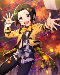 Rule 34 | 1boy, autumn leaves, black hair, blush, bow, bowtie, buttons, child, idolmaster, idolmaster side-m, idolmaster side-m growing stars, long sleeves, looking at viewer, male focus, official art, okamura nao, open hands, open mouth, orange bow, orange bowtie, purple eyes, scarf, teeth, undershirt, upper teeth only