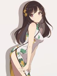 Rule 34 | 1girl, breasts, brown eyes, brown hair, china dress, chinese clothes, chocomiru, commentary, dress, english commentary, floral print, hairband, hands on own legs, highres, leaning, long hair, looking at viewer, original, side slit, small breasts, smile, solo, white background, yellow hairband