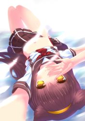Rule 34 | 1girl, animal ears, brown hair, dexp, gradient background, hairband, highres, legs, looking at viewer, lying, midriff, navel, on back, original, outstretched arm, smile, solo, uniform, upside-down, yellow eyes