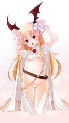 Rule 34 | 10s, 1girl, alternate costume, belly chain, blonde hair, breasts, cape, doburoku (daiginjou), fang, granblue fantasy, hair ornament, head wings, highres, jewelry, kneeling, long hair, looking at viewer, navel, open mouth, panties, pointy ears, red eyes, ribs, shingeki no bahamut, small breasts, smile, solo, thighhighs, underwear, vampy, white panties, white thighhighs, wings, wrist cuffs