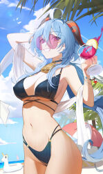 Rule 34 | 1girl, beach, bell, bikini, black bikini, blue hair, blue sky, bracelet, breasts, cocktail glass, cup, day, drinking glass, ganyu (genshin impact), genshin impact, goat horns, grin, highres, holding, holding cup, horns, inflatable raft, jewelry, large breasts, looking at viewer, navel, neck bell, ocean, outdoors, purple eyes, round eyewear, sky, smile, solo, stomach, sugarhigh, sunglasses, swimsuit, teeth