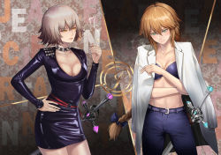 Rule 34 | 2girls, absurdres, belt, blonde hair, blue bow, blue bra, bow, bra, braid, breasts, brown eyes, cigarette, cleavage, closed mouth, collar, collarbone, collared shirt, denim, eyebrows, fate/grand order, fate (series), frown, green eyes, hand on own hip, highres, holding, holding cigarette, huge filesize, jeanne d&#039;arc (fate), jeanne d&#039;arc (ruler) (fate), jeanne d&#039;arc alter (avenger) (fate), jeanne d&#039;arc alter (fate), jeans, joe (j studio), large breasts, long hair, long sleeves, looking away, looking down, medium breasts, multiple girls, pants, shirt, short hair, smoke, smoking, spiked collar, spikes, sword, underwear, very long hair, weapon, white hair, white shirt