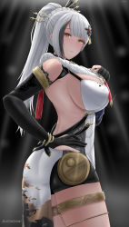 Rule 34 | 1girl, archstreal, bare shoulders, bianca: veritas (spring huntress) (punishing: gray raven), bianca (punishing: gray raven), black background, black gloves, black hair, breasts, closed mouth, cowboy shot, elbow gloves, from side, gloves, green eyes, hair ornament, hairpin, hand on own hip, highres, large breasts, long hair, looking at viewer, looking to the side, mole, mole under eye, multicolored hair, ponytail, punishing: gray raven, sideboob, silver hair, solo, streaked hair, thighs