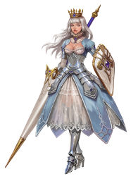 Rule 34 | 1girl, armband, armor, armored boots, blue eyes, boots, breasts, cleavage, crown, full body, highres, lance, lips, looking to the side, mamara, original, polearm, see-through, shield, silver hair, simple background, solo, weapon