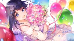 Rule 34 | 1girl, :d, arm cutout, balloon, bare shoulders, birthday, blush, bouquet, breasts, collarbone, commentary request, confetti, dot nose, dress, flower, frilled dress, frills, from above, full body, highres, holding, holding bouquet, idoly pride, legs together, light particles, long bangs, long hair, looking at viewer, nagase mana, hugging object, off-shoulder dress, off shoulder, official art, open mouth, parted bangs, pink flower, purple eyes, purple hair, qp:flapper, raised eyebrows, sidelocks, small breasts, smile, solo, white dress, yellow flower
