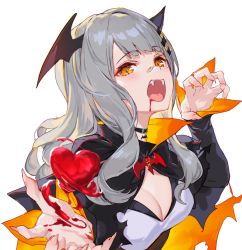 Rule 34 | 1girl, :d, arm up, bandaid, bandaid on face, bandaid on nose, black choker, blood, blood from mouth, breasts, capelet, choker, claw pose, cleavage, fangs, fingernails, grey hair, hachi (live union), head wings, heart, izumi sai, live union, long hair, long sleeves, looking at viewer, medium breasts, mole, mole under eye, open mouth, orange eyes, sharp fingernails, shirt, simple background, smile, solo, upper body, virtual youtuber, white background, white shirt, wings