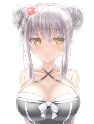 Rule 34 | 1girl, alternate breast size, bad id, bad pixiv id, bang dream!, black one-piece swimsuit, blush, breasts, cleavage, double bun, flower, hair bun, hair flower, hair ornament, hair over breasts, highres, large breasts, long hair, looking at viewer, minato yukina, one-piece swimsuit, simple background, solo, sweatdrop, swimsuit, totoshion, upper body, white background, yellow eyes