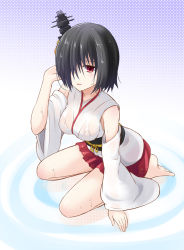 Rule 34 | 1girl, barefoot, black hair, breasts, commentary request, detached sleeves, gradient background, hair ornament, hair over one eye, ichimi, kantai collection, medium breasts, polka dot, polka dot background, red eyes, short hair, solo, water, wet, wet clothes, white background, wide sleeves, yamashiro (kancolle)