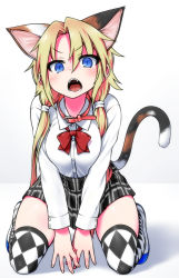 Rule 34 | 1girl, animal ears, argyle, argyle clothes, argyle legwear, blonde hair, blue eyes, cat ears, cat tail, collar, fangs, frown, highres, himekawa hinari, kneeling, long hair, looking at viewer, low twintails, open mouth, original, patterned legwear, pleated skirt, seiza, simple background, sitting, skindentation, skirt, slit pupils, solo, tail, thighhighs, tsurime, twintails, v arms, white background, wide hips, yoshida hideyuki
