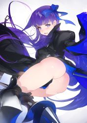 Rule 34 | 10s, 1girl, armor, armored boots, ass, back, bad id, bad pixiv id, black coat, blue bow, blue eyes, blue ribbon, boots, bow, breasts, coat, commentary request, cowboy shot, eyelashes, fang, fate/extra, fate/extra ccc, fate (series), floating hair, from behind, hair between eyes, hair bow, hair ribbon, half-closed eyes, hands up, highres, juliet sleeves, legs together, long coat, long hair, long sleeves, looking at viewer, looking back, meltryllis (fate), open clothes, open coat, open mouth, puffy sleeves, purple hair, revealing clothes, ribbon, small breasts, solo, spikes, thigh boots, thighhighs, thighs, tonito, tsurime, twisted torso, very long hair, very long sleeves