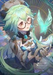 Rule 34 | 1girl, absurdres, allenerie, bug, butterfly, commentary, cowboy shot, genshin impact, glasses, gloves, green hair, highres, insect, long hair, parted lips, sleeves past elbows, smile, solo, sucrose (genshin impact), white gloves, white headwear, yellow eyes