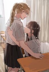 Rule 34 | 2girls, black skirt, blurry, blurry background, brown eyes, brown hair, chair, classroom, closed mouth, collared shirt, commentary, curtains, depth of field, desk, grey eyes, highres, hug, indoors, itagaku, long hair, multiple girls, necktie, open mouth, original, pleated skirt, ponytail, red necktie, school chair, school desk, shirt, short hair, short sleeves, sidelocks, skirt, white shirt, yuri