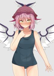 Rule 34 | 1girl, animal ears, bare arms, bare legs, bare shoulders, bird ears, bird wings, black one-piece swimsuit, blush, brown hat, closed mouth, collarbone, cowboy shot, earrings, grey background, hair between eyes, hat, highres, jewelry, murasame0603, mystia lorelei, one-piece swimsuit, pink hair, school swimsuit, short hair, simple background, single earring, solo, swimsuit, touhou, white wings, winged hat, wings, yellow eyes