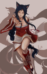 Rule 34 | 1girl, aa2233a, ahri (league of legends), animal ears, bare shoulders, black hair, braid, breasts, cleavage, detached sleeves, facial mark, fox ears, fox tail, grey eyes, korean clothes, league of legends, long hair, looking at viewer, multiple tails, outstretched hand, single braid, solo, tail, very long hair, whisker markings