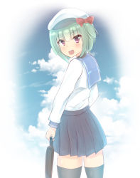 Rule 34 | 1girl, absurdres, alternate costume, alternate hair length, alternate hairstyle, bag, black thighhighs, blouse, bow, brown bag, carrying bag, character request, cloud, cloudy sky, artistic error, green hair, hair bow, highres, holding, holding bag, looking at viewer, open mouth, pleated skirt, red bow, school uniform, senren banka, serafuku, shirt, short hair, skirt, sky, thighhighs, uniform, white shirt, wrong hand, yuzf, yuzu-soft