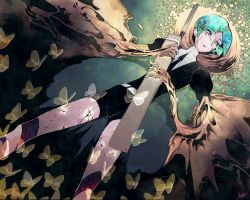 Rule 34 | 1other, androgynous, aqua eyes, aqua hair, belt, black necktie, blue eyes, blue hair, bug, butterfly, collar, commentary request, crystal hair, damaged, eyes visible through hair, gem uniform (houseki no kuni), gold, golden arms, hair between eyes, holding, holding sword, holding weapon, holstered, houseki no kuni, insect, looking to the side, lying, necktie, neckwear request, on back, other focus, parted lips, phosphophyllite, sheath, sheathed, shirt, short hair, short sleeves, shorts, simple background, solo, sparkle, spoilers, sword, tears, wa no mura, weapon, white belt