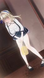 Rule 34 | 1girl, 3d, black footwear, blonde hair, blue dress, blush, bottle, breasts, cabinet, closed eyes, custom maid 3d, custom maid 3d 2, denim, denim dress, dress, hair ornament, hairband, hairclip, highres, holding, large breasts, long hair, long sleeves, open mouth, peeing, puddle, shirt, shoes, sleeveless, sleeveless dress, standing, tears, wall, white shirt