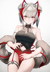 Rule 34 | 1girl, absurdres, alternate costume, alternate hairstyle, antennae, arknights, bare arms, bare shoulders, breasts, brown eyes, cleavage, cleavage cutout, clothing cutout, cowboy shot, double bun, feather boa, gradient background, grey background, grey hair, hair bun, heimu (heim kstr), highres, horns, leotard, looking at viewer, nail polish, navel, navel cutout, red nails, short hair, small breasts, smile, solo, standing, thigh strap, thighs, w (arknights)