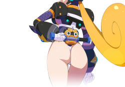 Rule 34 | 1girl, android, armor, ass, blonde hair, commentary request, fishnets, from behind, highleg, highleg leotard, joints, kaidou zx, leotard, long hair, marino (mega man), mega man (series), mega man x: command mission, mega man x (series), mega man x dive, out of frame, robot joints, simple background, solo, thighs, weapon, white background