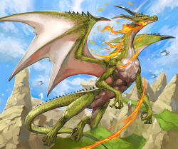 Rule 34 | absurdres, animal focus, blue sky, breath weapon, breathing fire, claws, cloud, cloudy sky, dragon, fire, flying, from side, full body, green scales, highres, horns, monster, no humans, original, outdoors, rock, scales, simple bird, sky, solo, sumosamo, tail, western dragon, wings