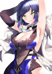 Rule 34 | 1girl, :d, absurdres, armpits, arms up, black gloves, blue hair, breasts, cleavage, covered navel, cowboy shot, diagonal bangs, dice, dress, elbow gloves, feather-trimmed jacket, genshin impact, gloves, green eyes, heart, highres, jacket, large breasts, looking at viewer, mole, mole on breast, nenobi (nenorium), open mouth, short hair, single elbow glove, sleeveless, sleeveless dress, smile, white background, white jacket, yelan (genshin impact)