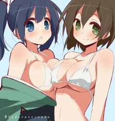 Rule 34 | 10s, 2girls, 9law, bad id, bad pixiv id, blue eyes, blush, bra, breast press, breasts, brown hair, green eyes, highres, hiryuu (kancolle), kantai collection, large breasts, looking at viewer, multiple girls, off shoulder, open mouth, short hair, smile, souryuu (kancolle), twintails, underwear, upper body, white bra