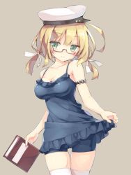 Rule 34 | 10s, 1girl, armband, backwards hat, bare shoulders, bike shorts, blonde hair, blush, book, breasts, cameltoe, cleavage, cowboy shot, dress, frilled swimsuit, frills, glasses, green eyes, grey background, hair ribbon, hat, holding, i-8 (kancolle), jpeg artifacts, kani biimu, kantai collection, large breasts, light smile, looking at viewer, low twintails, mole, nontraditional school swimsuit, one-piece swimsuit, peaked cap, personification, red-framed eyewear, ribbon, rimless eyewear, school swimsuit, semi-rimless eyewear, simple background, skirt hold, smile, solo, standing, swimsuit, taut clothes, taut swimsuit, thigh gap, thighhighs, thighs, twintails, under-rim eyewear, white thighhighs, zettai ryouiki