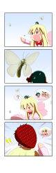 Rule 34 | !, !!, &gt; &lt;, 2girls, 4koma, ?, absurdres, animal ears, antennae, blank eyes, blonde hair, blush stickers, bow, bowtie, bug, butterfly, capelet, chibi, comic, compound eyes, emphasis lines, flower wings, flying sweatdrops, food, fruit, giant, giantess, gift, gradient background, green hair, unworn headwear, heart, highres, holding, holding food, holding fruit, holding gift, insect, kasodani kyouko, lily white, long hair, lying, lying on person, multiple girls, on head, on stomach, open mouth, oversized food, oversized object, pink capelet, pink headwear, pink shirt, proboscis, rakugaki-biyori, red bow, red bowtie, shirt, skirt, solid oval eyes, spoken character, spoken exclamation mark, spoken question mark, strawberry, sweat, sweatdrop, tail, touhou, trembling, very long hair, white skirt