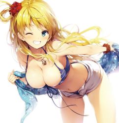 Rule 34 | 1girl, bikini, bikini top only, blonde hair, blue bikini, blue eyes, blush, breasts, cleavage, clenched teeth, flower, front-tie bikini top, front-tie top, grin, hair flower, hair ornament, hair rings, hibiscus, holding, jewelry, koto-channel, large breasts, long hair, looking at viewer, mihama kosumi, navel, necklace, one eye closed, one side up, open fly, pendant, scrunchie, senji (tegone spike), shawl, shell, shell necklace, short shorts, shorts, sidelocks, smile, solo, striped bikini, striped clothes, sweat, swimsuit, teeth, unzipped, wrist scrunchie