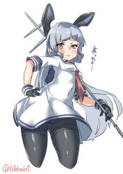 Rule 34 | 10s, 1girl, black gloves, black pantyhose, blue hair, blunt bangs, blush, breasts, cowboy shot, cropped jacket, cropped legs, dress, ebifurya, gloves, hair ribbon, hand on own hip, highres, holding, kantai collection, long hair, looking at viewer, murakumo (kancolle), neckerchief, open mouth, pantyhose, pink eyes, red ribbon, ribbon, sailor dress, short sleeves, sidelocks, simple background, small breasts, solo, translated, tress ribbon, twitter username, white background