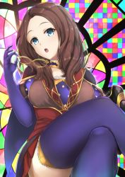 Rule 34 | 1girl, bad id, bad pixiv id, blue eyes, blue gloves, blue thighhighs, brown hair, cape, crossed legs, fate/grand order, fate (series), gauntlets, gloves, leonardo da vinci (fate), long hair, looking at viewer, miniskirt, multicolored background, open mouth, pinta (ayashii bochi), sitting, skirt, solo, thighhighs, thighs, wavy hair