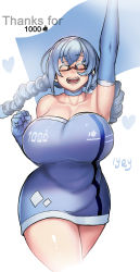 Rule 34 | 1girl, ^ ^, absurdres, arm up, bare shoulders, blue choker, blue dress, blue hair, breasts, choker, cleavage, clenched hand, closed eyes, collarbone, commentary, cropped legs, curvy, dress, drill hair, english commentary, closed eyes, fist pump, happy, highres, huge breasts, inchou (kaitsu tokiyas), kaitsu tokiyas, long hair, milestone celebration, open mouth, plump, race queen, red-framed eyewear, semi-rimless eyewear, short dress, solo, strapless, strapless dress, thank you, thick thighs, thighs, twin drills, under-rim eyewear, watashi no inchou desu!!, wide hips