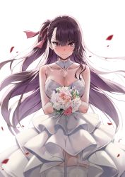 Rule 34 | 1girl, bare arms, bare shoulders, blurry, blush, bouquet, braid, breasts, cleavage, closed mouth, collarbone, cowboy shot, depth of field, detached collar, dress, embarrassed, floating hair, flower, french braid, garter straps, girls&#039; frontline, hair ribbon, holding, holding bouquet, large breasts, layered dress, long hair, looking at viewer, one side up, petals, pink flower, purple hair, rainmaker, red eyes, red flower, ribbon, rose, simple background, smile, solo, standing, thighhighs, very long hair, wa2000 (girls&#039; frontline), wedding dress, white background, white dress, white flower, white thighhighs