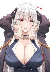 Rule 34 | 1boy, 1girl, :i, armband, black cape, black ribbon, blue vest, blush, breasts, cape, cleavage, closed mouth, commentary request, disembodied hand, fur-trimmed cape, fur trim, girls&#039; frontline, grey hair, hair between eyes, hair ribbon, hands on another&#039;s face, heart, highres, kar98k (girls&#039; frontline), keenh, large breasts, long hair, looking at viewer, red eyes, ribbon, shirt, signature, simple background, solo focus, upper body, vest, white background, white shirt