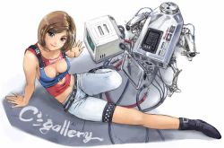 Rule 34 | 1girl, arm support, belt boots, boots, breasts, brown hair, carina (xiaowoo), cleavage, cleavage cutout, clothing cutout, computer, grey eyes, looking at viewer, midriff, navel, robot, short hair, shorts, smile, solo