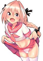 Rule 34 | 1boy, :d, astolfo (fate), astolfo (sailor paladin) (fate), black bow, bow, braid, clothes lift, fang, fate/apocrypha, fate/grand order, fate (series), hair intakes, highres, lifted by self, looking at viewer, male focus, official alternate costume, onaka (pixiv11820960), open mouth, panties, pantyshot, pink hair, pink skirt, purple eyes, red sailor collar, sailor collar, school uniform, serafuku, single braid, skirt, skirt lift, smile, solo, thighhighs, trap, underwear, white panties, white thighhighs